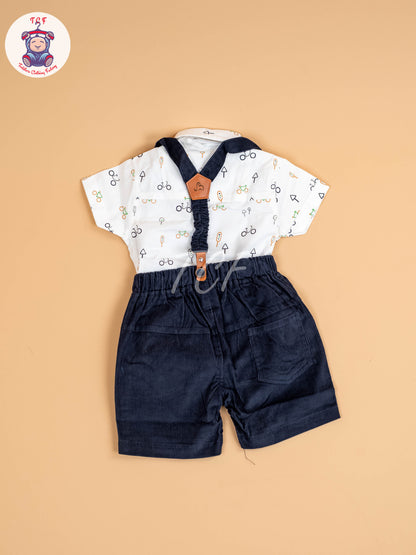 White & Brown Half Sleeves Shirts & Shorts Set With Suspender & Bow