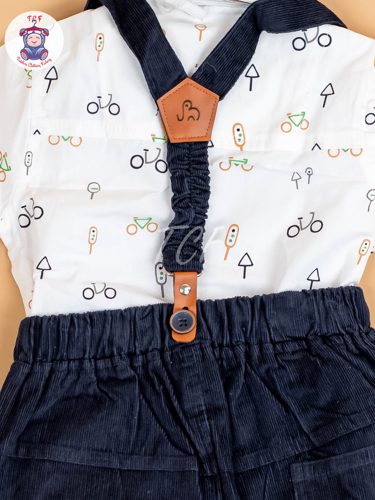 White & Brown Half Sleeves Shirts & Shorts Set With Suspender & Bow