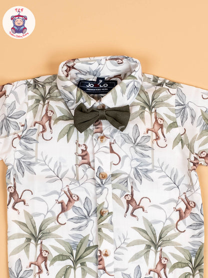 White & Green Half Sleeves Shirts & Shorts Set With Suspender & Bow