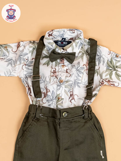 White & Green Half Sleeves Shirts & Shorts Set With Suspender & Bow