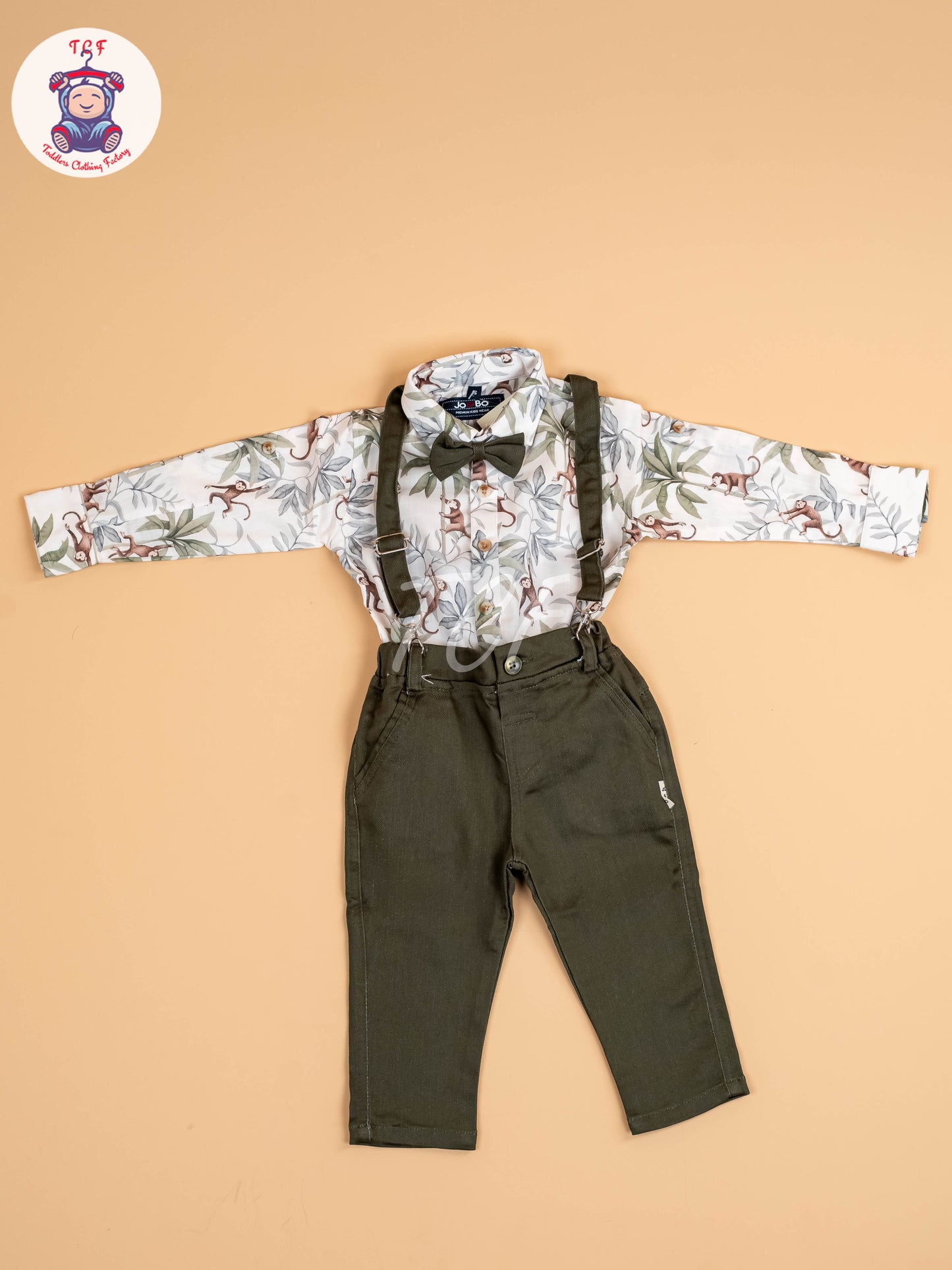 White & Green Half Sleeves Shirts & Shorts Set With Suspender & Bow