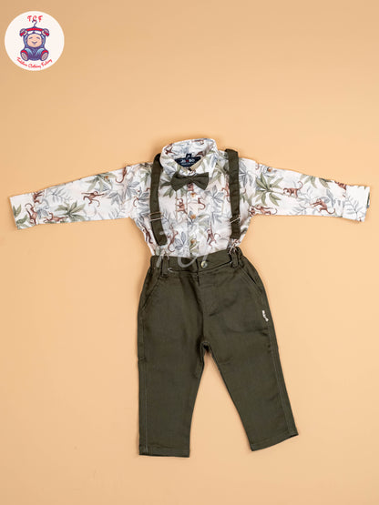 White & Green Half Sleeves Shirts & Shorts Set With Suspender & Bow