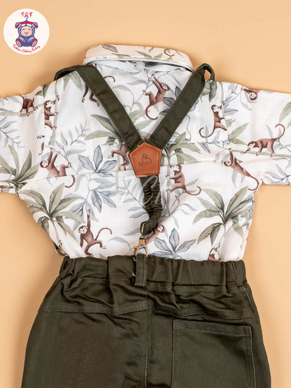 White & Green Half Sleeves Shirts & Shorts Set With Suspender & Bow