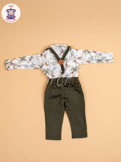 White & Green Half Sleeves Shirts & Shorts Set With Suspender & Bow