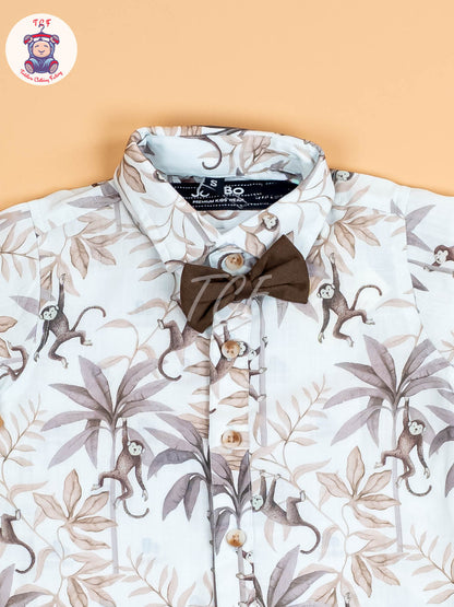 White & Brown Half Sleeves Shirts & Shorts Set With Suspender & Bow