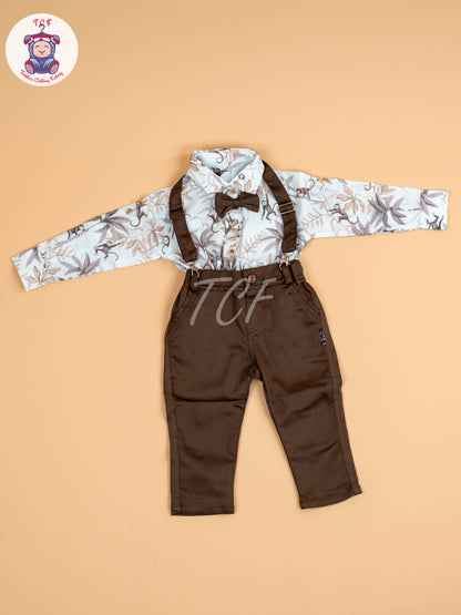 White & Brown Half Sleeves Shirts & Shorts Set With Suspender & Bow