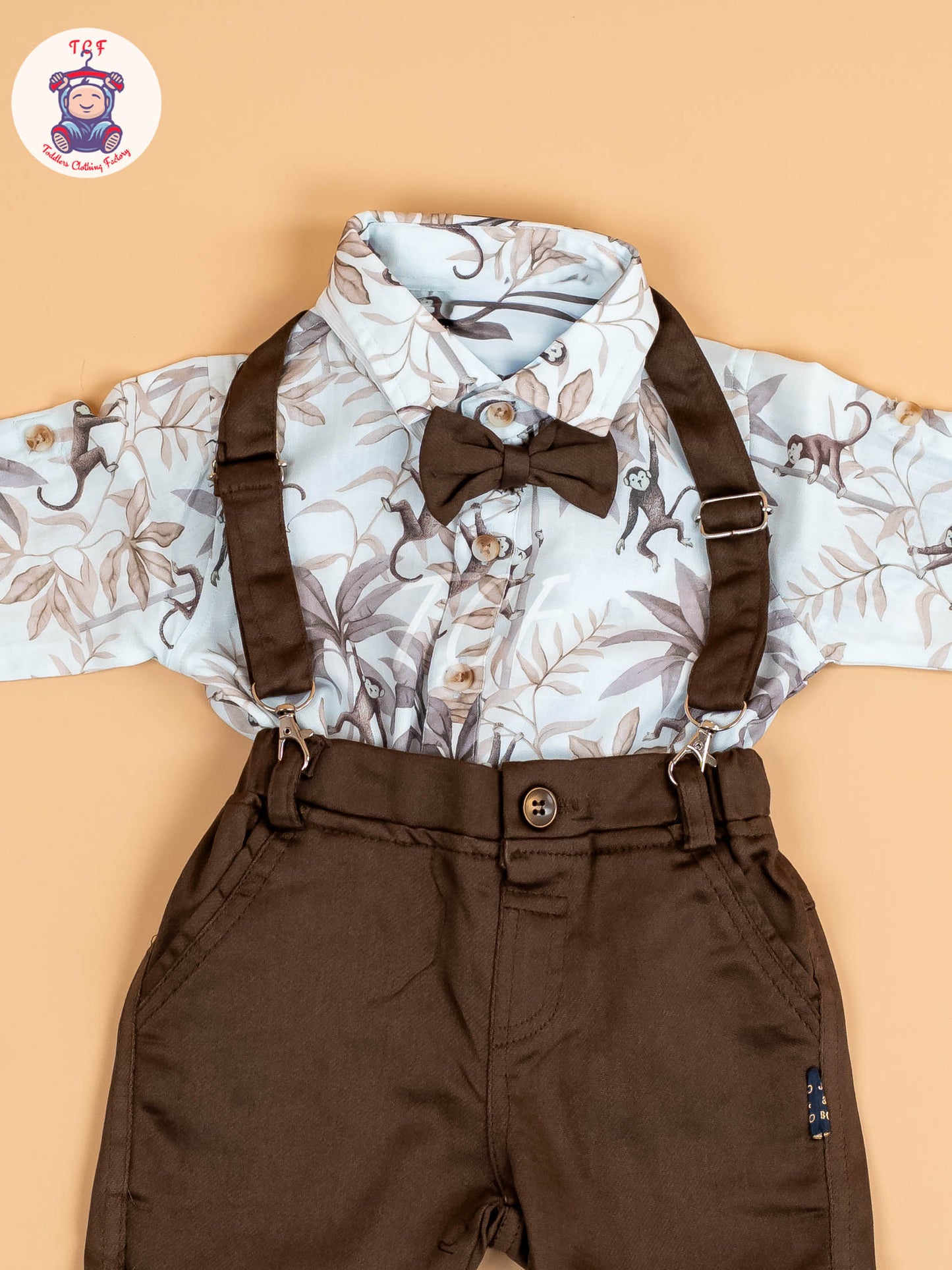 White & Brown Half Sleeves Shirts & Shorts Set With Suspender & Bow