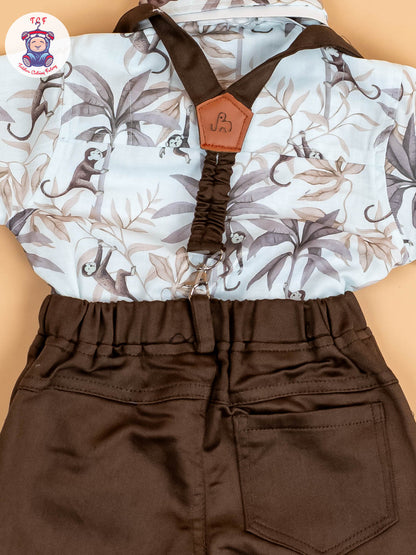 White & Brown Half Sleeves Shirts & Shorts Set With Suspender & Bow