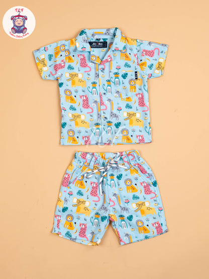 Blue Animal Printed - Boys Shirt & Shorts
