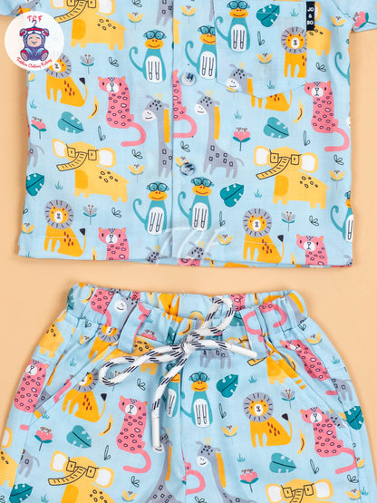 Blue Animal Printed - Boys Shirt & Shorts
