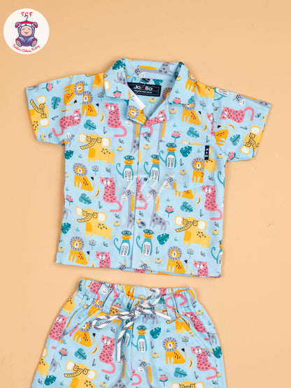 Blue Animal Printed - Boys Shirt & Shorts