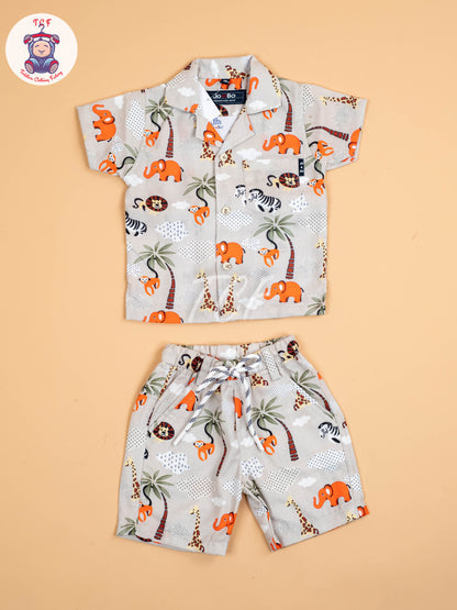 Cream Animal Printed - Boys Shirt & Shorts