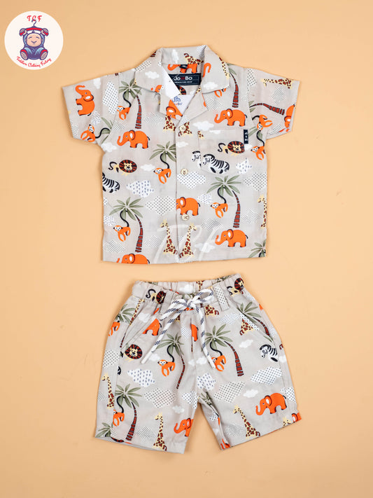 Cream Animal Printed - Boys Shirt & Shorts
