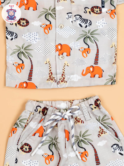 Cream Animal Printed - Boys Shirt & Shorts