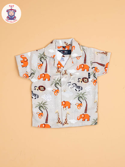 Cream Animal Printed - Boys Shirt & Shorts