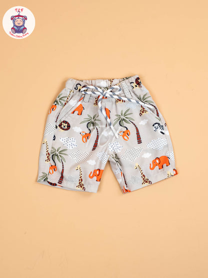 Cream Animal Printed - Boys Shirt & Shorts