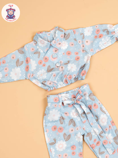 Light Blue Floral Printed - Girls Co-ords Sets