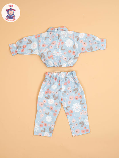 Light Blue Floral Printed - Girls Co-ords Sets
