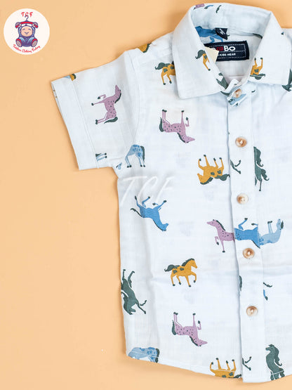 Sky Blue Animal Printed - Boys Cotton Shirt
