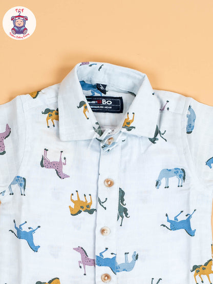 Sky Blue Animal Printed - Boys Cotton Shirt