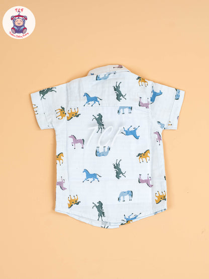 Sky Blue Animal Printed - Boys Cotton Shirt