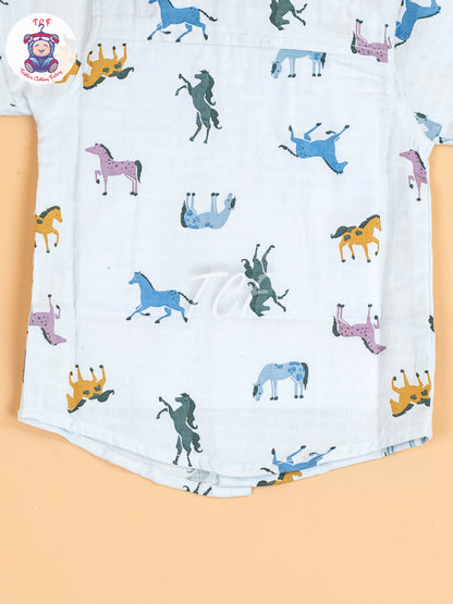 Sky Blue Animal Printed - Boys Cotton Shirt