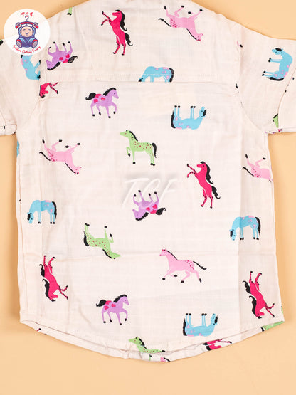 Cream Floral Printed - Boys Cotton Shirt