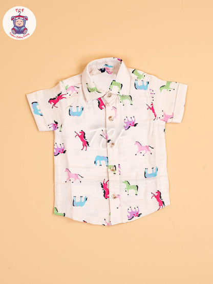 Cream Floral Printed - Boys Cotton Shirt