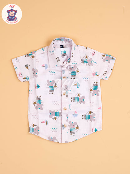 Cream Floral Printed - Boys Cotton Shirt