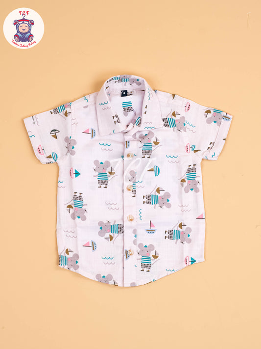 Cream Floral Printed - Boys Cotton Shirt