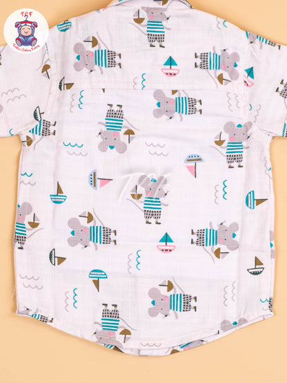 Cream Floral Printed - Boys Cotton Shirt