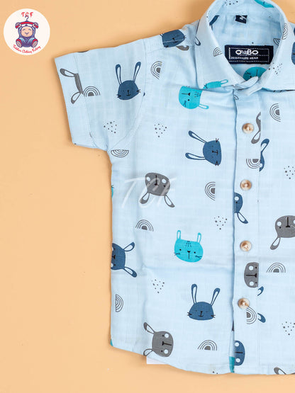 Light Blue Floral Printed - Boys Cotton Shirt