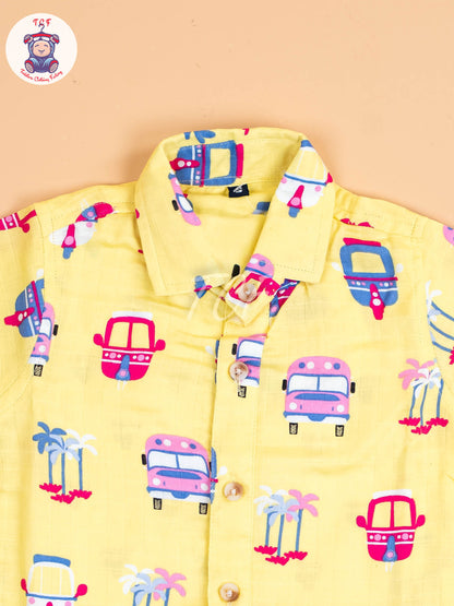 Yellow Floral Printed - Boys Cotton Shirt