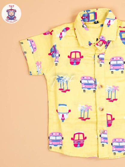Yellow Floral Printed - Boys Cotton Shirt