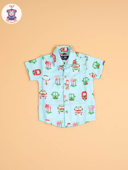 Light Blue Floral Printed - Boys Cotton Shirt