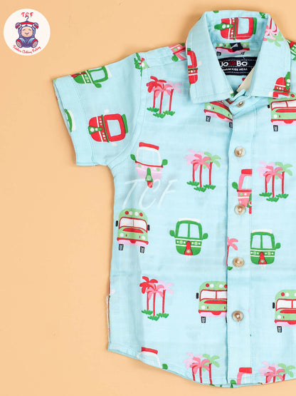 Light Blue Floral Printed - Boys Cotton Shirt