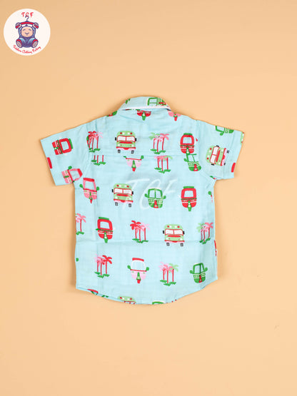 Light Blue Floral Printed - Boys Cotton Shirt