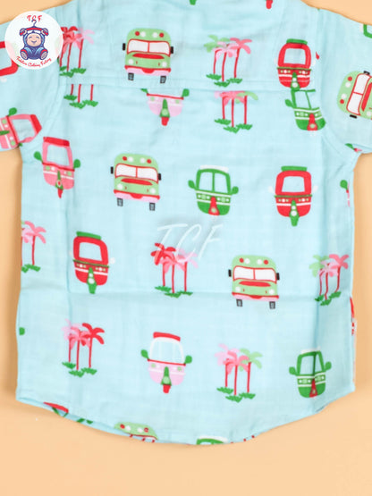 Light Blue Floral Printed - Boys Cotton Shirt