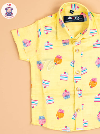 Yellow Floral Printed - Boys Cotton Shirt