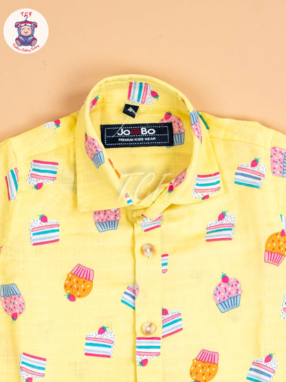 Yellow Floral Printed - Boys Cotton Shirt