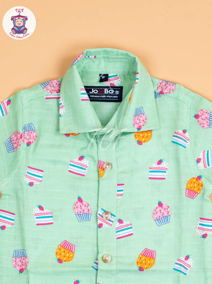 Green Floral Printed - Boys Cotton Shirt