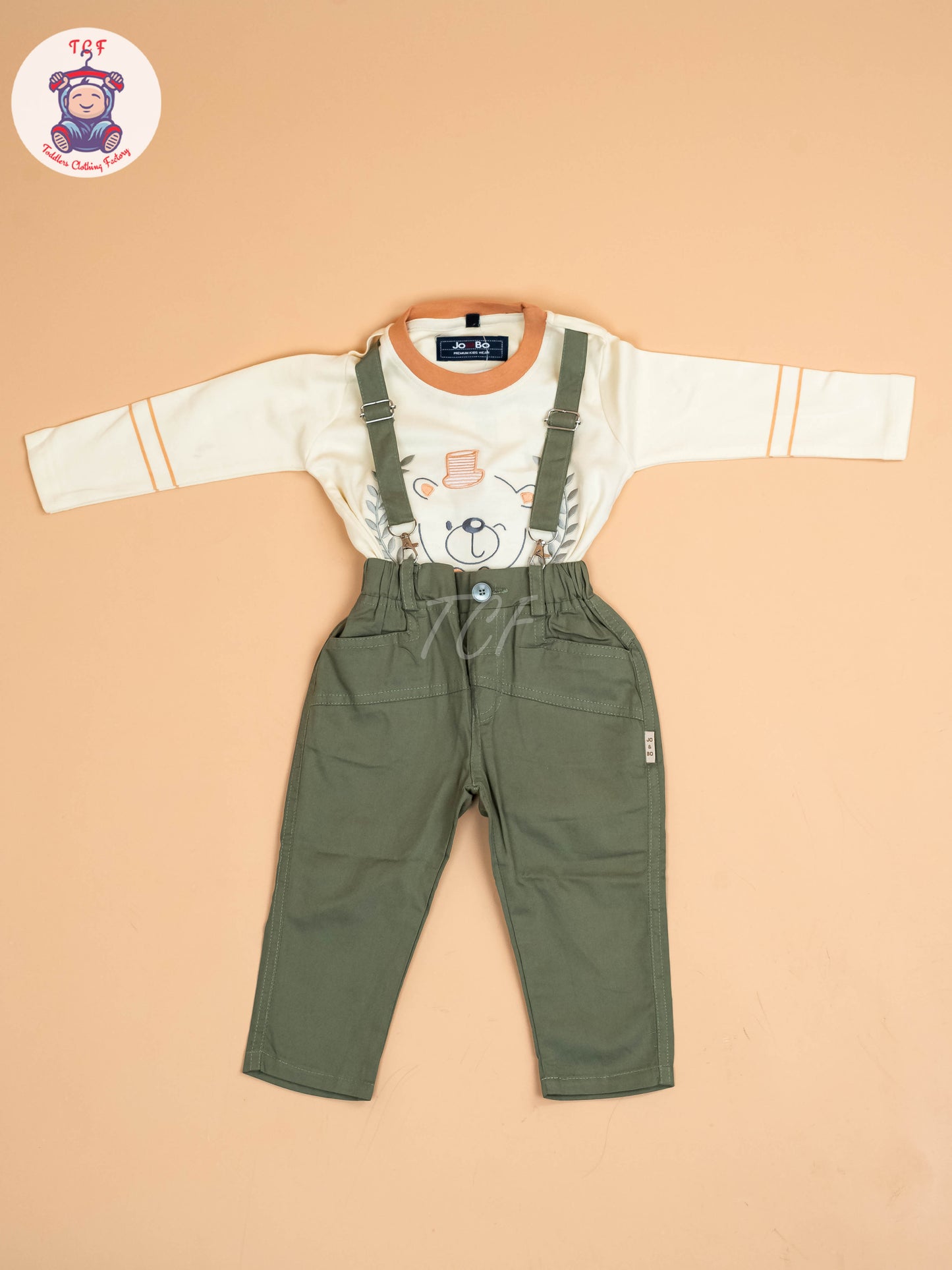 Cream & Light Green - Full Sleeves T-Shirts & Pant With Suspender Set