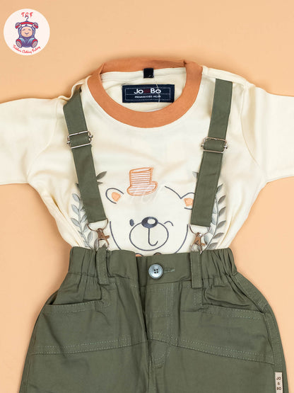Cream & Light Green - Full Sleeves T-Shirts & Pant With Suspender Set