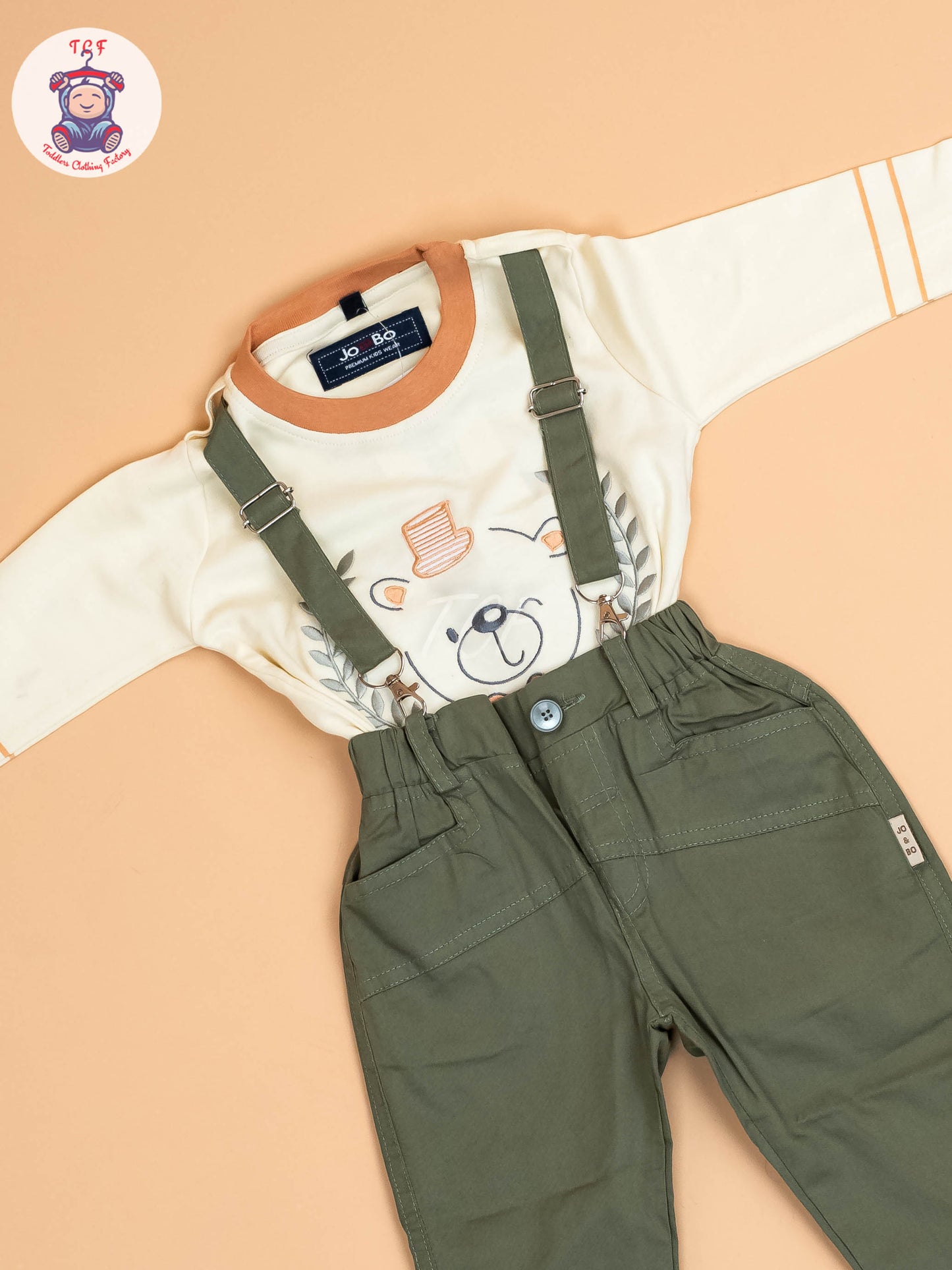 Cream & Light Green - Full Sleeves T-Shirts & Pant With Suspender Set