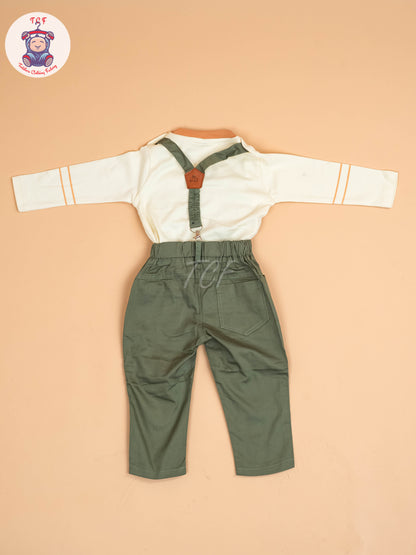Cream & Light Green - Full Sleeves T-Shirts & Pant With Suspender Set
