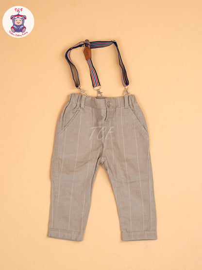 White & Brown - Full Sleeves T-Shirts & Pant With Suspender Set