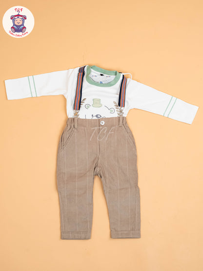 White & Brown - Full Sleeves T-Shirts & Pant With Suspender Set