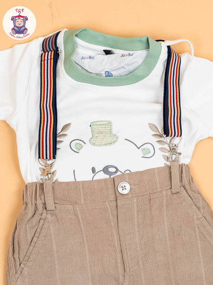 White & Brown - Full Sleeves T-Shirts & Pant With Suspender Set