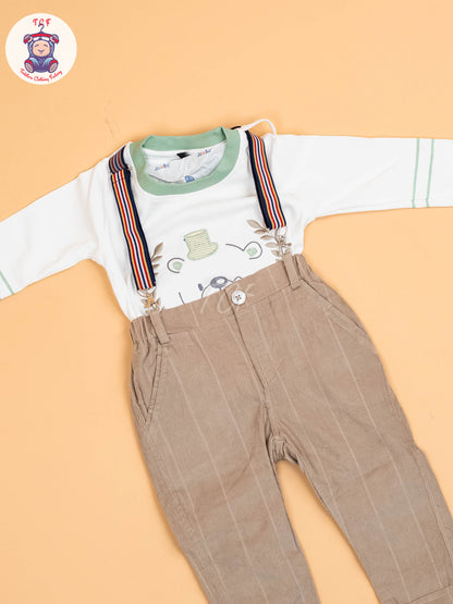 White & Brown - Full Sleeves T-Shirts & Pant With Suspender Set