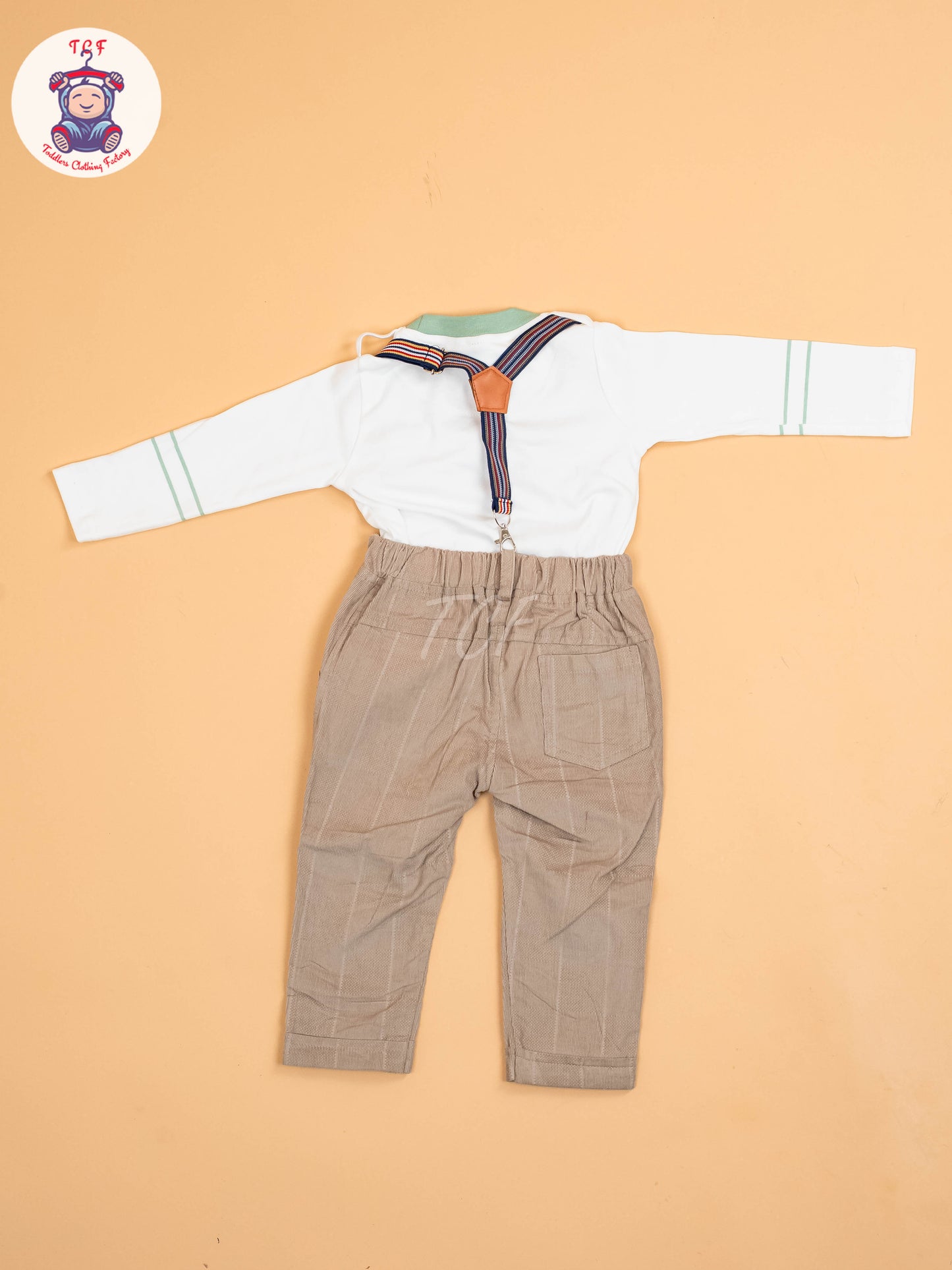 White & Brown - Full Sleeves T-Shirts & Pant With Suspender Set